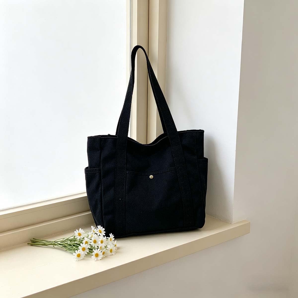 Black Canvas Tote Bag with Snap Closure
