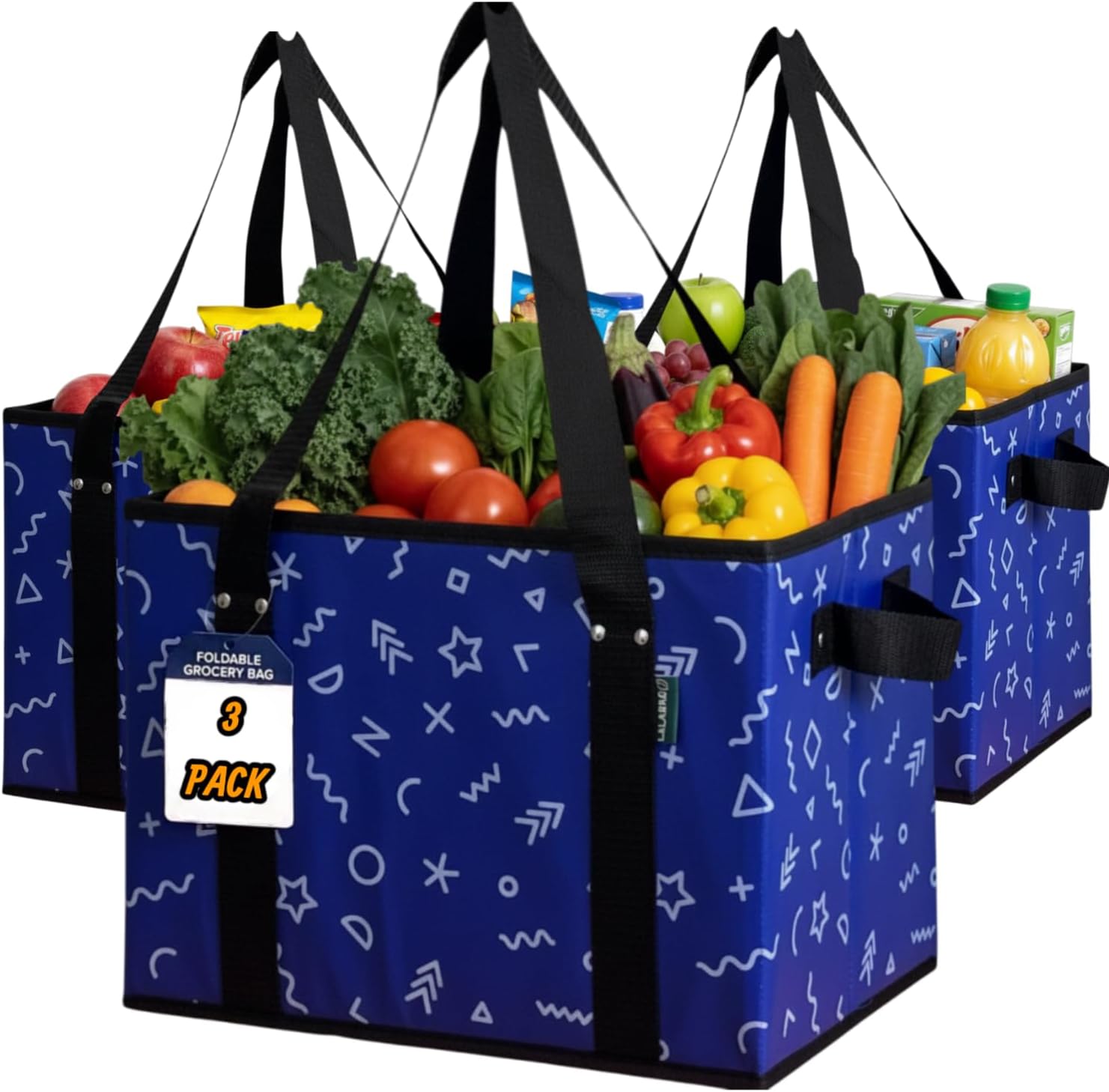 Box-Shaped Heavy-Duty Grocery Totes, 3 Pack, Stands Upright