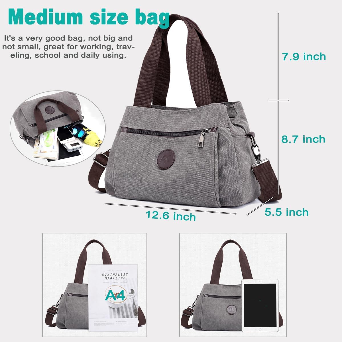 Canvas Hobo Crossbody Bag with Triple Zip Compartments