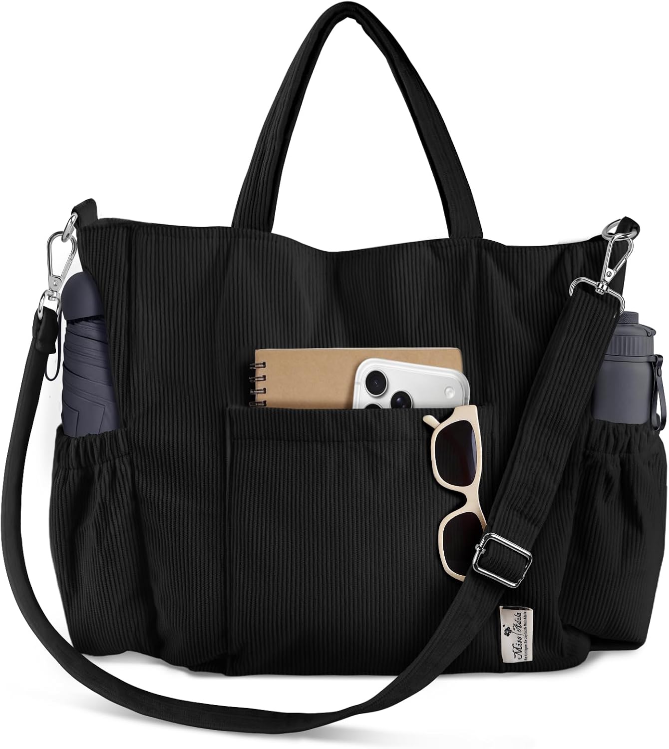 Black Corduroy Multi-Pocket Tote Bag