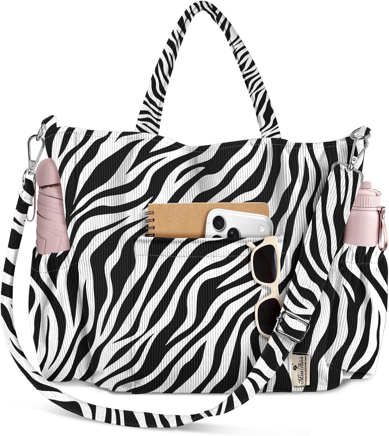 Corduroy Crossbody Tote with Multi-Pocket Storage