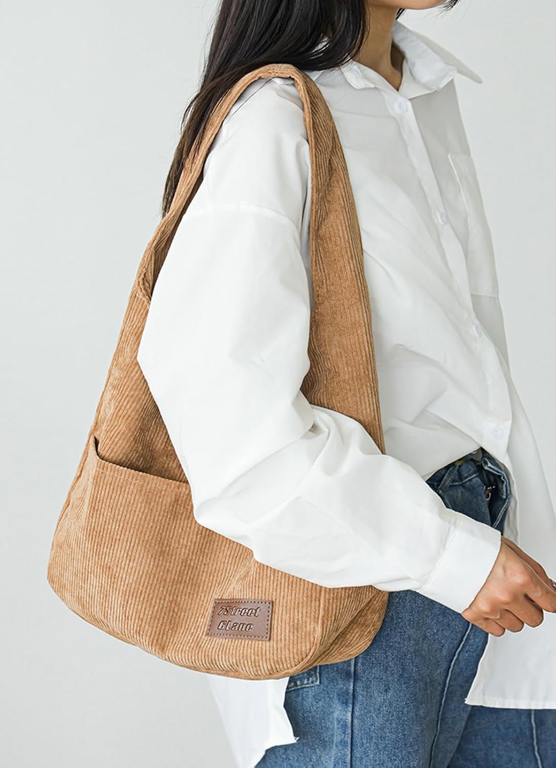 Corduroy Shoulder Tote with Multiple Pockets