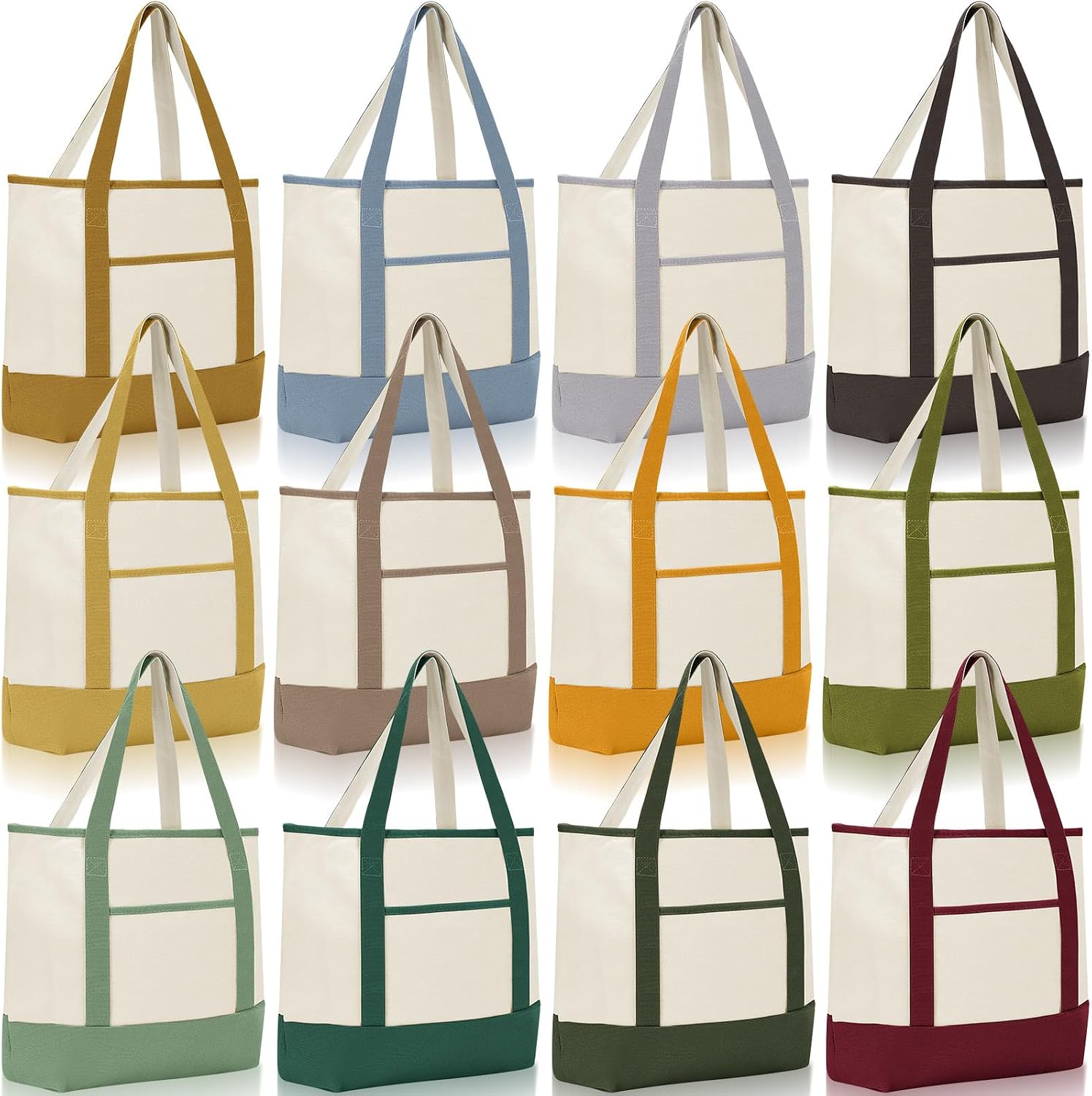 Cotton Canvas Totes with Outer Pockets, 12 Pack