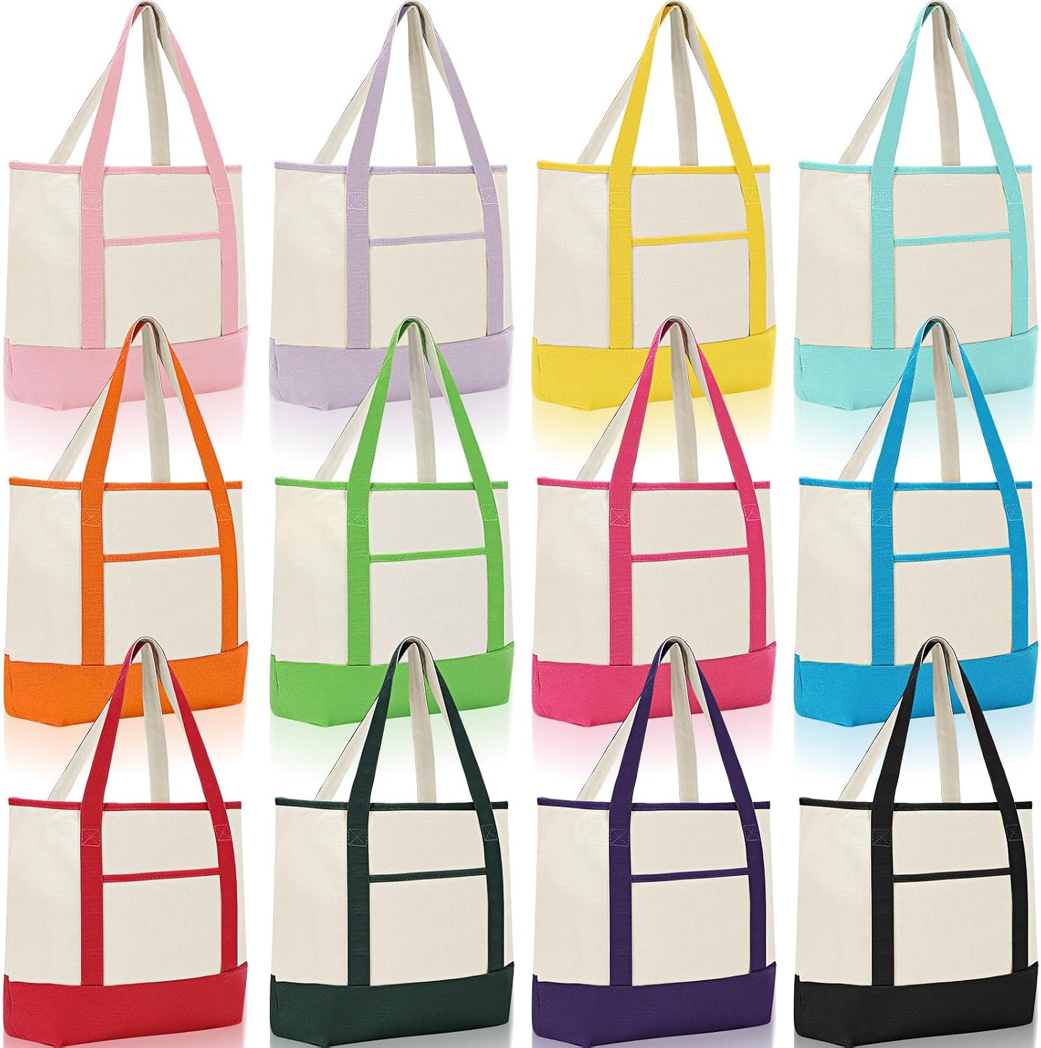 Cotton Canvas Totes with Outer Pockets, 12 Pack
