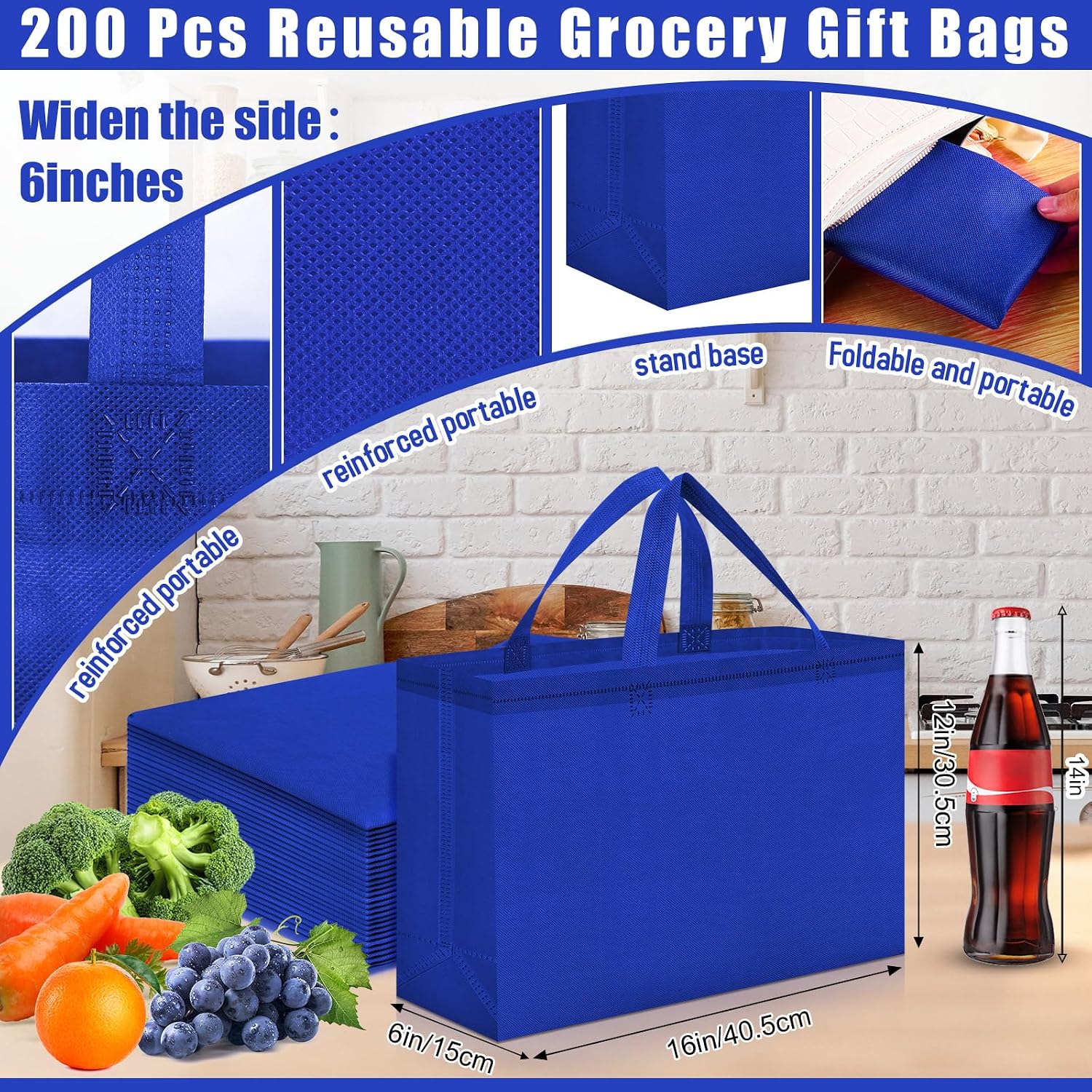Foldable Non-Woven Grocery Tote, 16 x 6 x 12 Inch