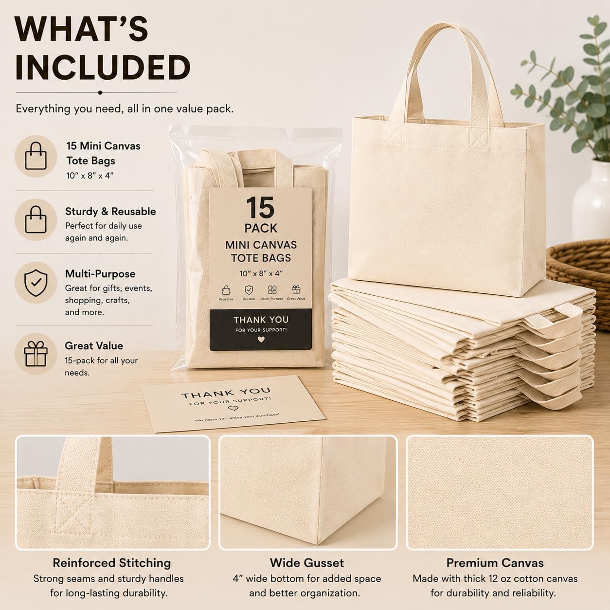 Mini Cotton Canvas Totes, 15 Pack, 10 x 8 x 4 Inch