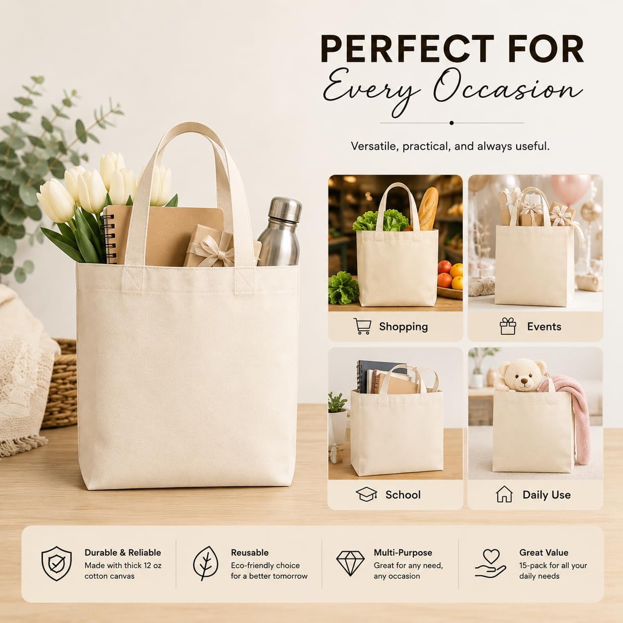 Mini Cotton Canvas Totes, 15 Pack, 10 x 8 x 4 Inch