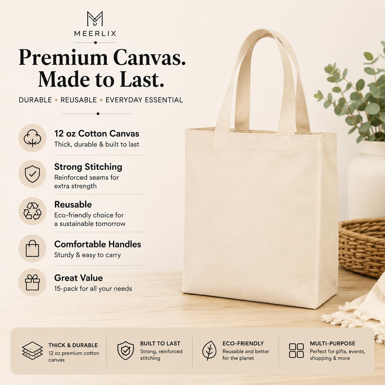 Mini Cotton Canvas Totes, 15 Pack, 10 x 8 x 4 Inch