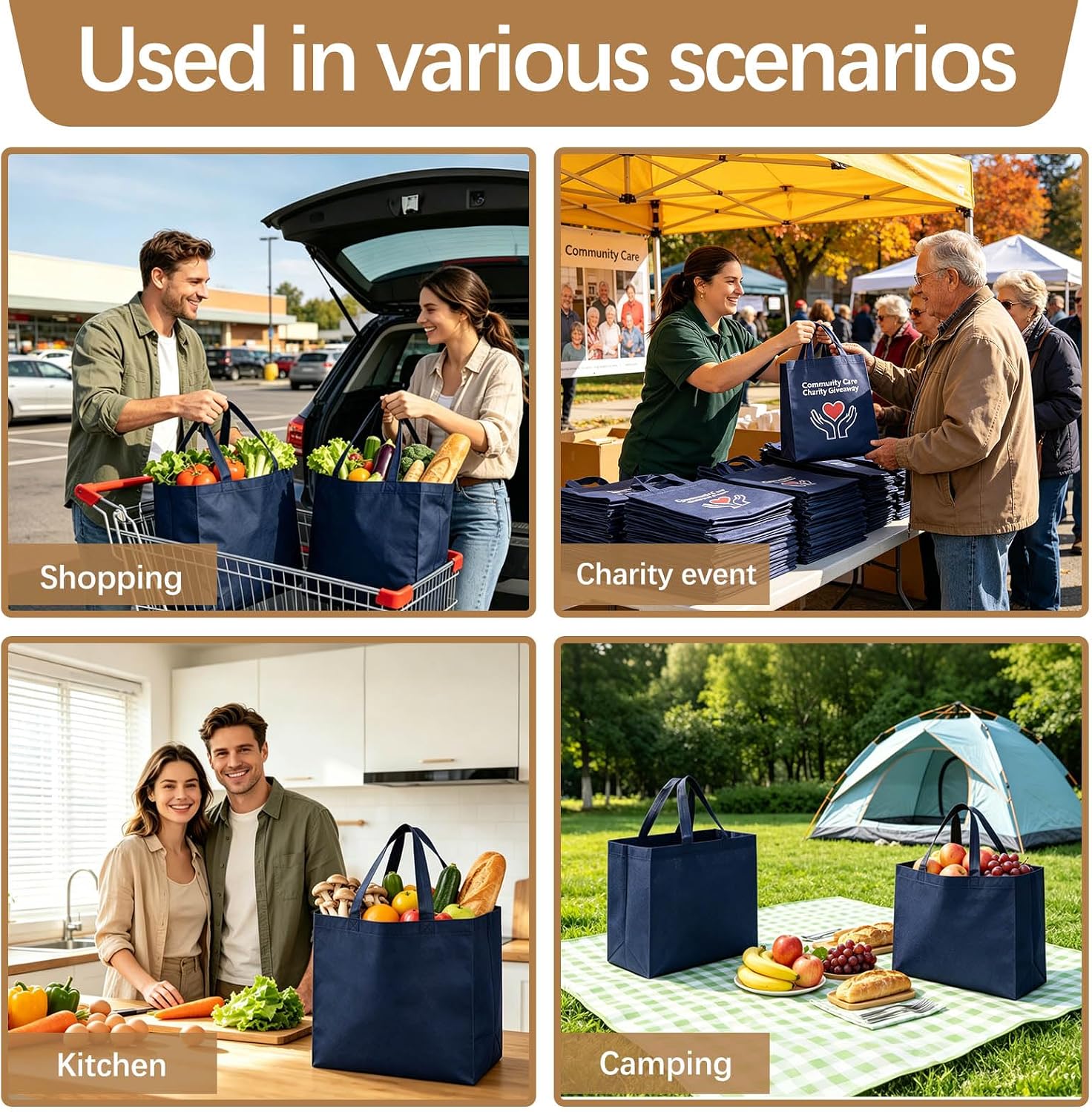 Non-Woven Grocery Totes, 12.6 x 6.3 x 11.8 Inch