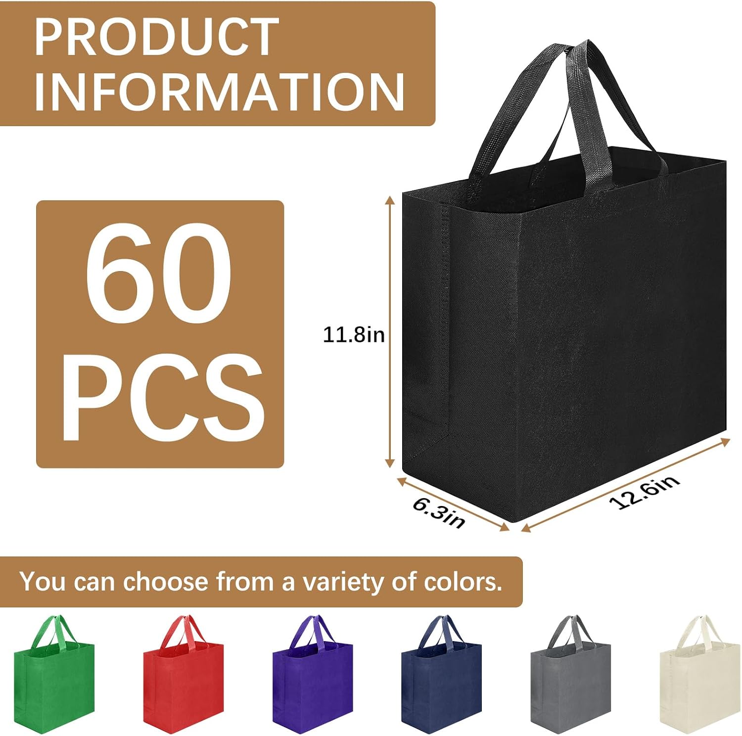 Non-Woven Grocery Totes with Reinforced Handles, 12.6 x 6.3 x 11.8 in