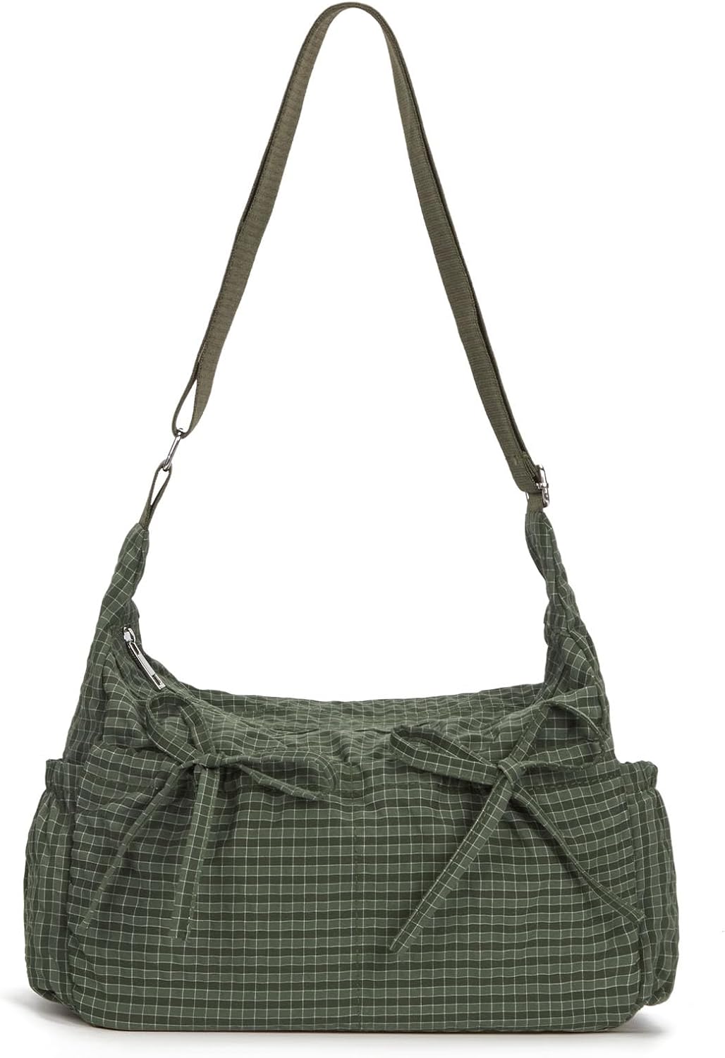 Plaid Crossbody Bag with Bow Detail and Zip Closure