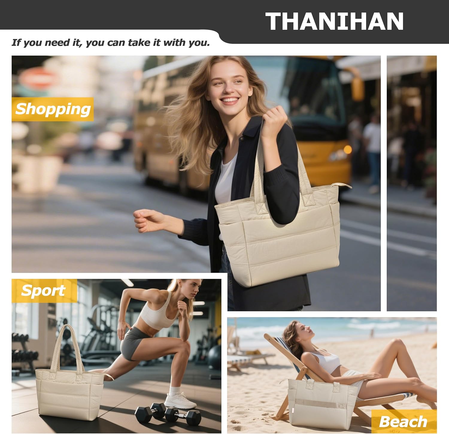Puffer Tote Bag for Work, Travel and the Gym