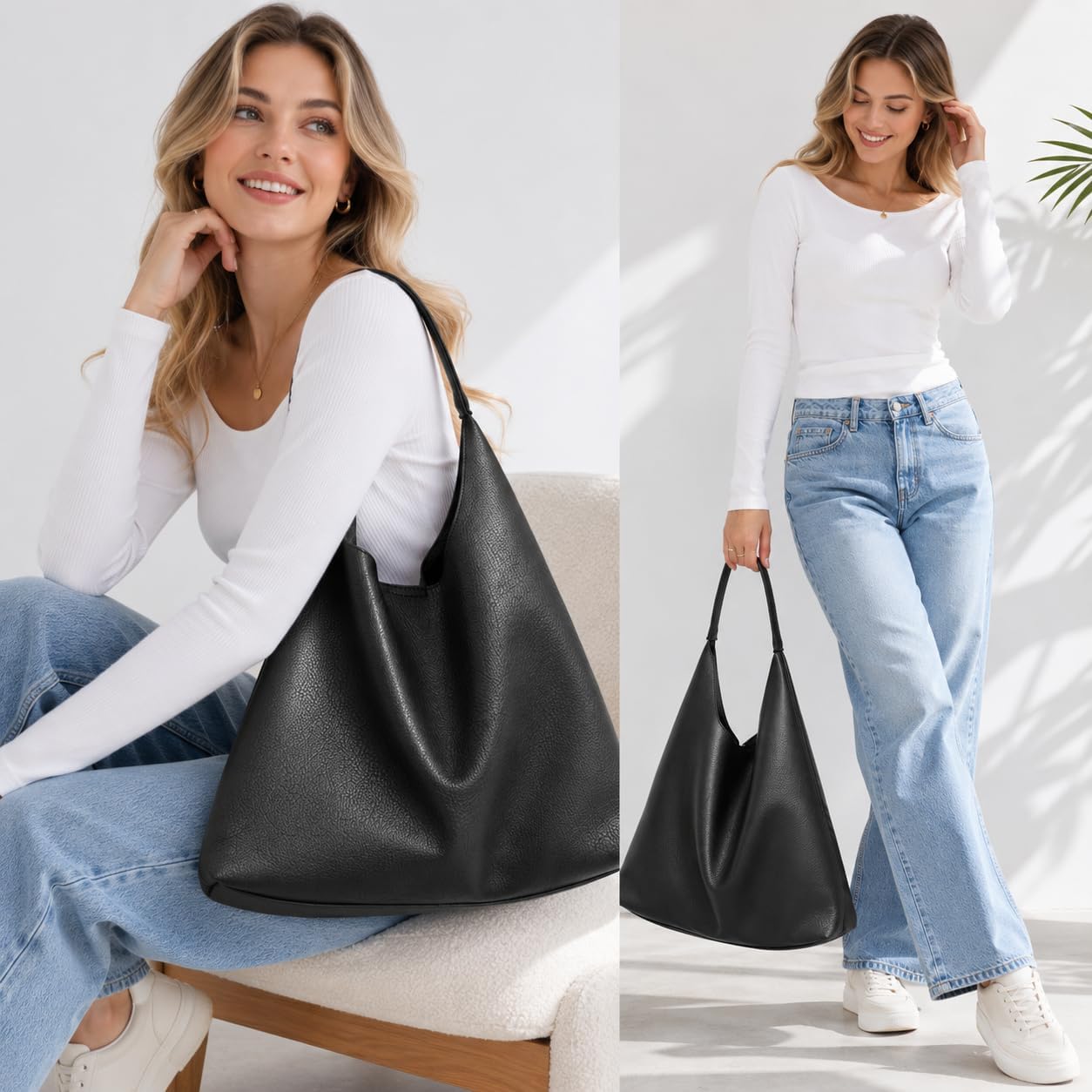 Soft Vegan Leather Hobo Shoulder Bag in Black