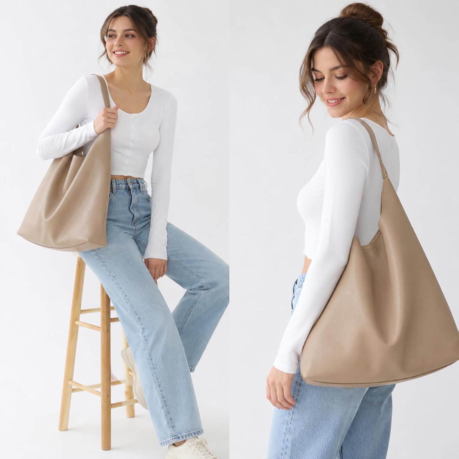 Soft Vegan Leather Hobo Shoulder Bag in Black