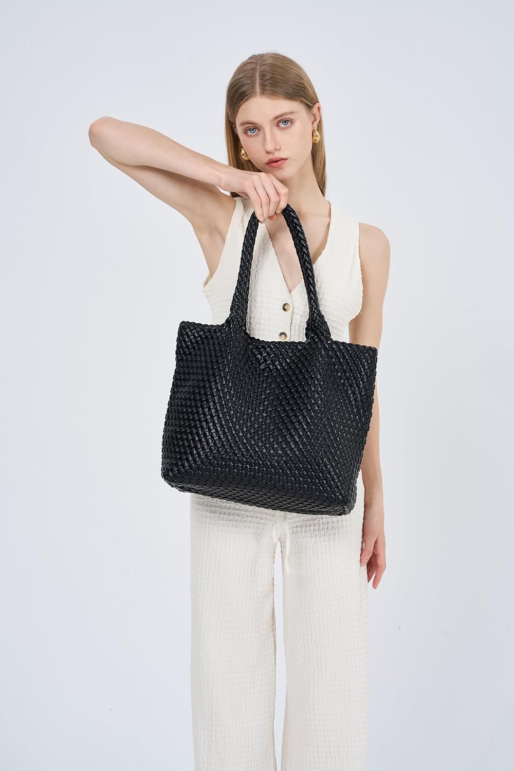 Woven Vegan Leather Tote Bag, Large